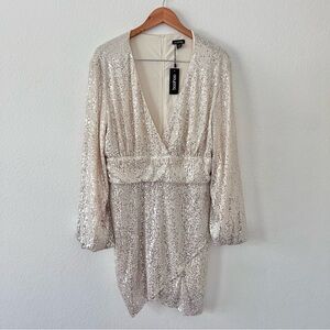Boohoo Champagne Sequin Long Sleeved Faux Wrap Dress Sz 16 NWT
